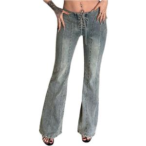 WDIRARA Women's Rivet Lace Up Flare Jeans Y2K Punk Low Waisted Zip Back Denim Pants Medium Wash 30