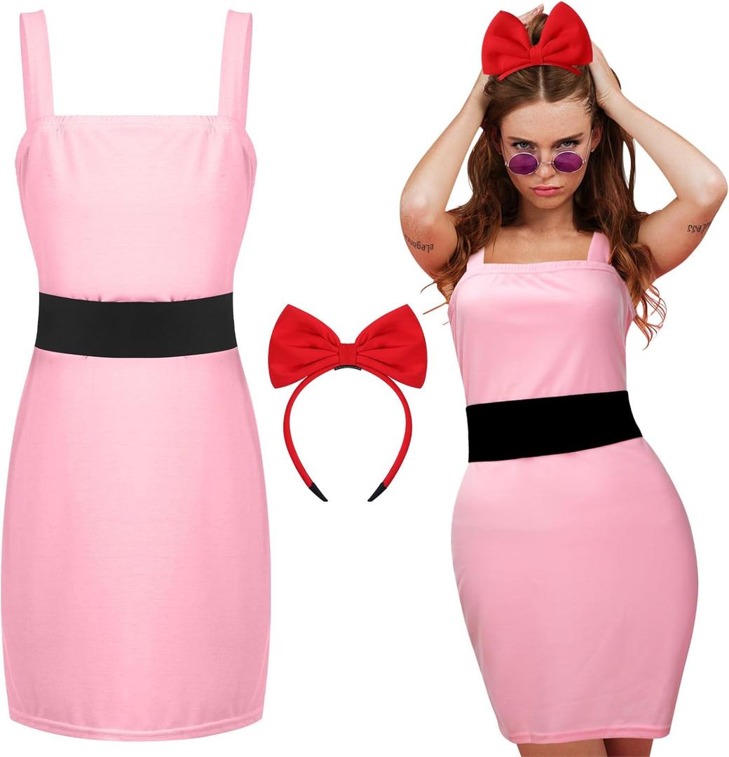 Women's Power Animated Costume Set Vest Dress Wide Cinch Black Belt Tank Dress for Halloween Party Character Cosplay (Pink)