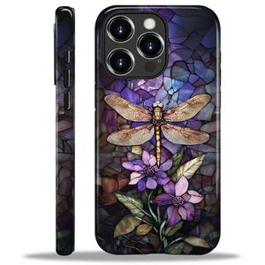 Teonvpu for iPhone 16 Pro Case, Stained Glass Dragonfly Pattern Glossy 2 in 1 Shockproof Bumper Drop Protective Case for Girl Women Boy Men