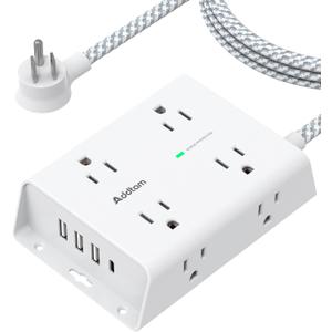 Surge Protector Power Strip - 8 Widely Outlets with 4 USB Ports(1 USB C Outlet), Addtam 3-Side Outlet Extender Strip with 5Ft Extension Cord, Flat Plug, Wall Mount for Dorm Home Office, ETL Listed (White)