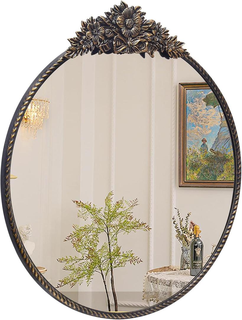 Round Mirror, 24''Baroque Style Wall Mirror Metal Frame Circle Mirrors for Entryway, Living Room or Bedroom,Retro Black
