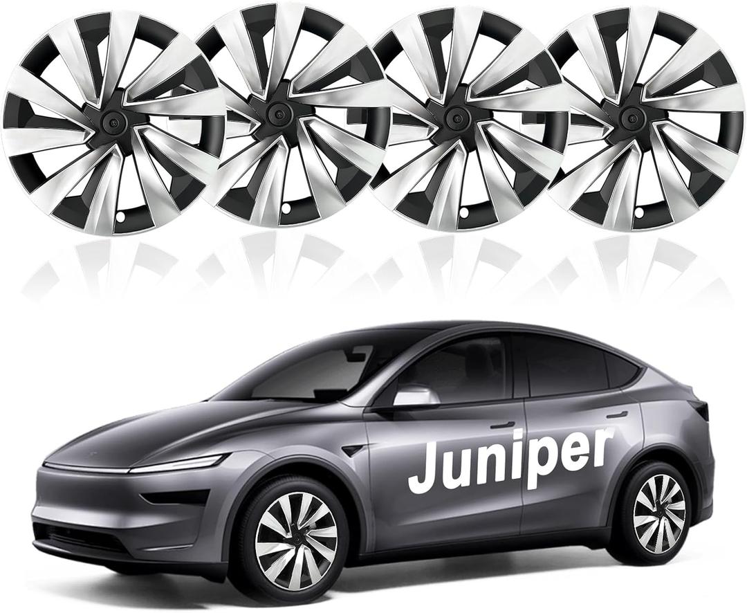 Upgraded 2025 Model Y Juniper Wheel Covers for Tesla Accessories 2025 19 Inch Rim Protectors (Set of 4) with Enhanced Elasticity Wheel Cover Replacement (Silver+Black)