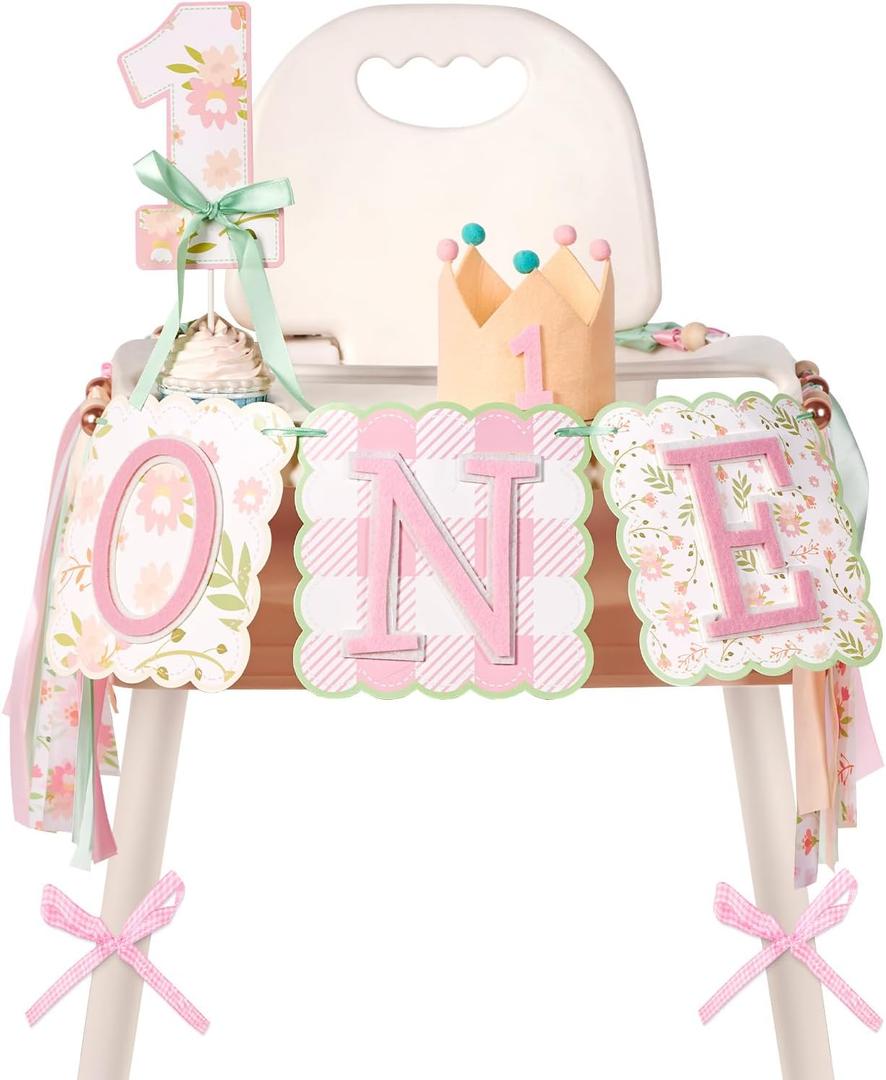 Wild Flower High Chiair Banner Wild One Birthday Decorations with 1st birthday Cake Toppers For Baby Girls Pink Party Decoration Highchair Garland Photo Props