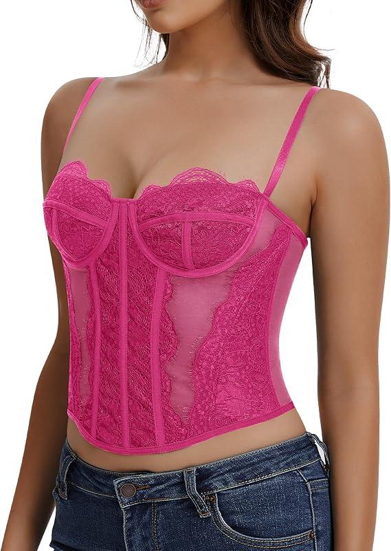 Lace Corset Tops for Women Sexy Going Out Bustier Top Sleeveless Adjustable Straps Crop Tops with Back Hooks (M, Rose Pink)