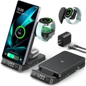 Alarm Clock Wireless Charging Station, 3 in 1 Foldable Wireless Charger for S25 Ultra S24/Z Fold 7/6/Z Flip, & Galaxy Watch Charger Stand for Galaxy Ultra/8/7, Buds