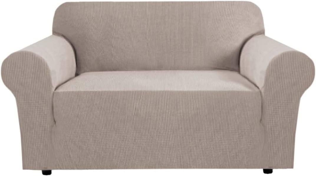 H.VERSAILTEX Stretch Couch Cover Loveseat Covers for 2 Cushion Couch Slipcover|Sofa Cover for Love seat 1 Piece with Elastic Bottom, Checked Jacquard Fabric(Loveseat 58'-70' Wide, Sand)