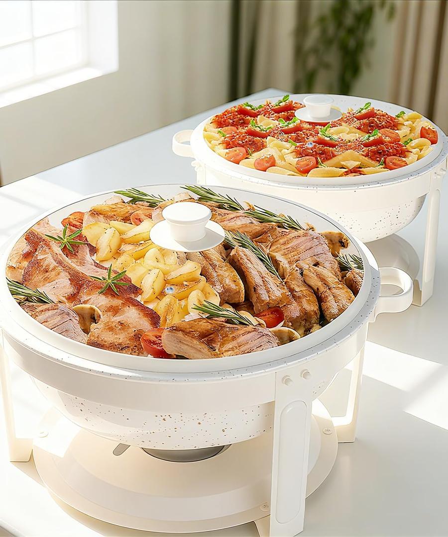 IMACONE Maifanite-Coated Chafing Dishes for Buffet of 2, 6QT White Chafing Dish Buffet Set Stainless Steel Chafer Set, Roll Edge Food Warmers for Parties, Wedding, Birthday, Church Events, Catering