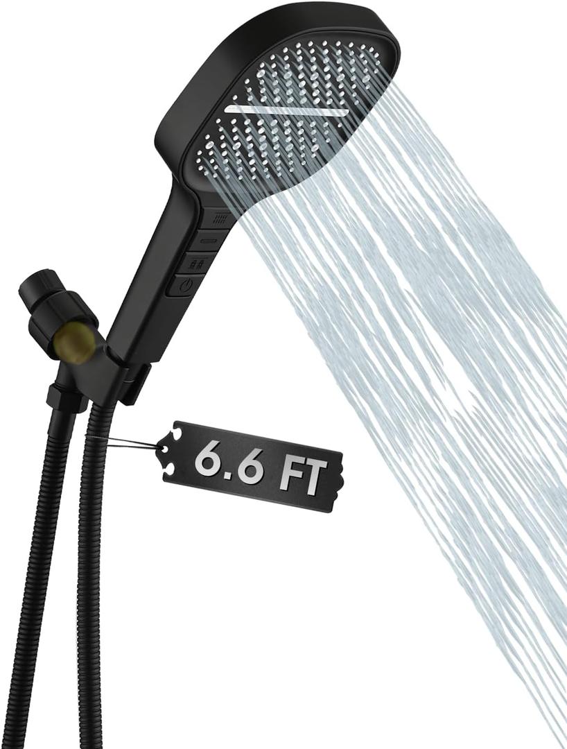 Handheld Shower Head with Extra Long Hose, 8 Setting Square Detachable Hand Held Spray with Upgrade Piano-Key Button & On Off Switch, 79" Long Stainless Steel Hose, Adjustable Bracket - Matte Black