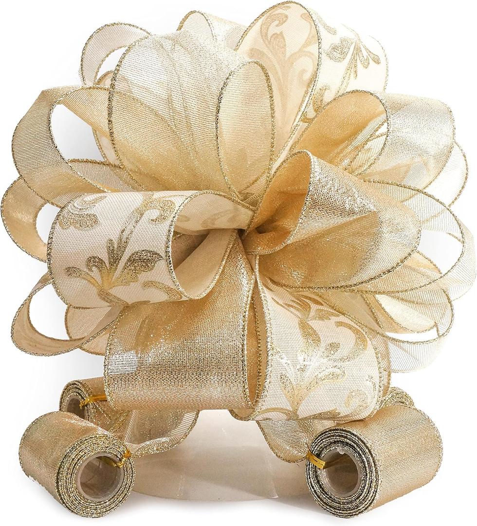 CT CRAFT LLC Champagne Gold Swirl Less Glitter Christmas Tree Topper Bow 11" with 4 Ribbon Streamers x 3 Yards Long Each for Holidy Elegant Fancy Home Dcor Indoor CT CRAFT LLC Champagne Gold Swirl Less Glitter Christmas Tree Topper Bow 11" with 4 Ribbon Streamers x 3 Yards Long Each for Holidy Elegant Fancy Home Dcor Indoor