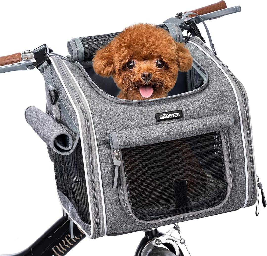 Dog Bike Basket, Expandable Soft-Sided Pet Carrier Backpack with 4 Open Doors, 4 Mesh Windows for Small Dog Cat Puppies-Grey (Grey-Fits 6-15 Lbs)