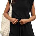 OFEEFAN Rompers for Women Summer Cap Sleeve Adjustable Drawstring Waistband Crewneck Casual Outfits with Pockets (Black, XL)