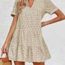 Imily Bela Women's Summer Lace Dresses Eyelet Casual Flowy Babydoll Swing Short Sleeve V Neck Tunic Dress (Beige, M)