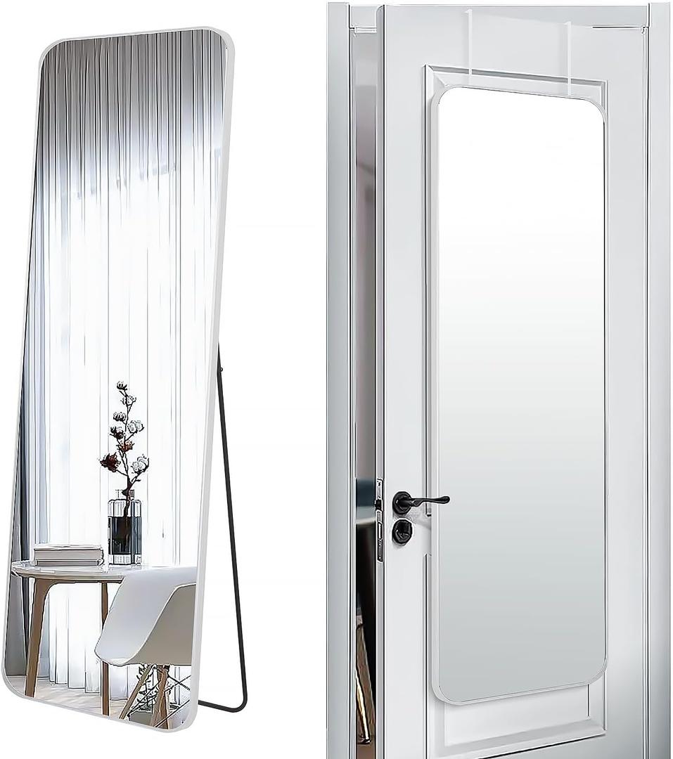 SCWF-GZ 57x20 Door Hanging Full Length Mirror, Floor Stand (Height 5.7ft just Body in1.3ft) Wall Mounted Metal Frame Rectangle Dressing Mirrors for Bedroom Room 57 inch Silver