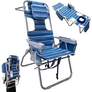 16" High Backpack Beach Chair for Adults with Face Hole & Camping Stool Heavy Duty Beach Tanning Chair Lay Flat with Cooler Bag Supports 265 lbs