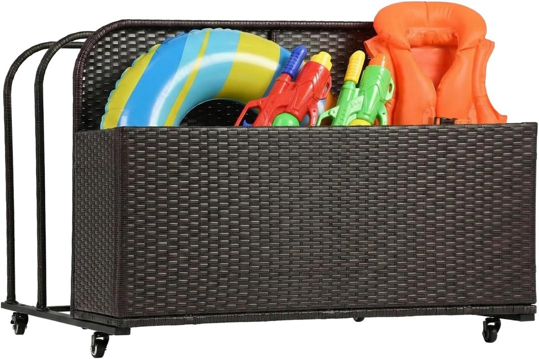 FDW Pool Float Storage Poolside Storage Bin Holder Storage Rack with Wheels PE Rattan Basket Open Compartments for Floaties Noodles Life Vests Beach Balls Equipment Cushions Patio furniture