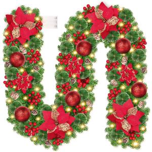 Christmas Garland with Lights, 9FT Lighted Christmas Garland with 30 LED, Prelit Garland Battery Operated Garland Christmas Decorations for Stairs Railing Fireplace Mantle Front Door Porch Home