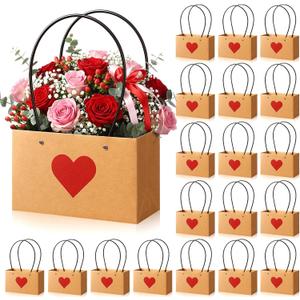 Tinlade 24 Pack Mother's Day Flower Gift Bags, Kraft Paper Heart Bouquet Bags with Handles for Arrangements, Waterproof Lining, Brown Red, for Mother's Day, Wedding, Gift Wrapping, Party Favors