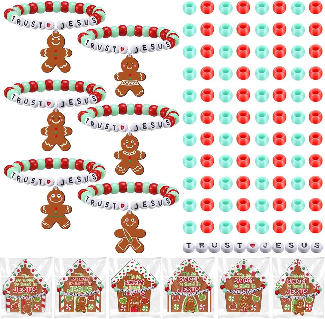 24 Set Gingerbread Man Bead Bracelet Crafts Gifts Kit with Gingerbread House Cards and Bags Religious Christmas Party Favors Jesus Wristband Crafts for Christmas Stocking Stuffers Church Gifts