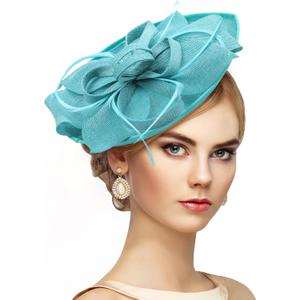 Feather Tea Party Hat - 1920s 50s Elegant Derby Fascinators with Hair Clip, 2025 Kentucky Fascinator Hat for Women (Light Blue)