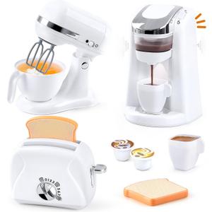Play Kitchen Appliances Toys, Kids Kitchen Playset Accessories, Pretend Play Toy Sets with Coffee Maker, Mixer, Toaster with Realistic Lights & Sounds, Gifts for Boys Girls Toddlers Ages 3+, White