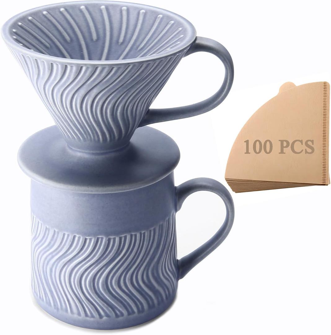 Pour Over Coffee Maker with 100 Sheets of Paper Filter, 15 oz Ceramic Coffee Mug & Ceramic Coffee Dripper, 1 Cup-Single brew coffee set, Purple