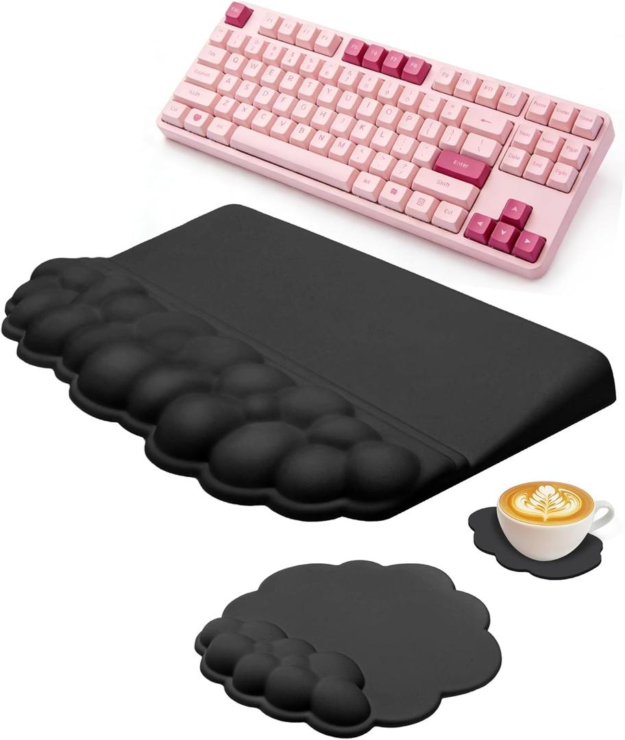 Cloud Wrist Rest Set for Keyboard and Mouse, Ergonomic Memory Foam Wrist Support & Adjustable Keyboard Stand with Two Typing Angles, Silky Lycra Surface, Non-Slip Base (Black)