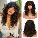 LONAI Curly Wig with Bangs for Women Long 23Inch Chocolate Brown Kinky Wigs with Wispy Bangs WIG006 Curly Gorgeous Shag Synthetic Wig for Daily Use Party Cosplay-Chocolate Brown