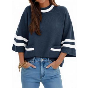 Cicy Bell Womens Oversized Sweater 3/4 Sleeve Mock Neck Color Block Chunky Knit Sweaters Casual Fall Pullover Tops, S