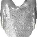 Womens Sexy Sparkly Chain Top Metallic Sequin Rhinestone Halter Backless Crop Outfit Party Club Tank Shirt(Sliver/Gold)
