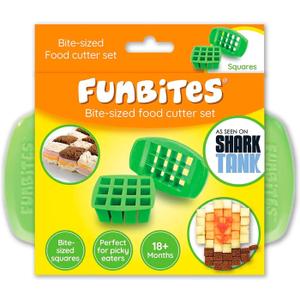 FUNBITES Crustless Sandwich Cutter for Kids Lunch (2-piece set), Uncrustable Sandwich Cutter, Bite-Size Food Cutter for Toddlers, Bento Box Accessories, BPA-FREE Dishwasher Safe, Green Squares 1pk