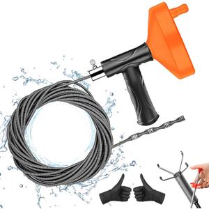 Drain Snake Auger 33 Feet, Plumbing Snake Drain Hair Clog Removal Tool, Heavy Duty Toilet Snake Auger, Sink Unclogger Drain Cleaner Tool for Bathroom Kitchen Tub Shower Drain Clog Remover with Gloves