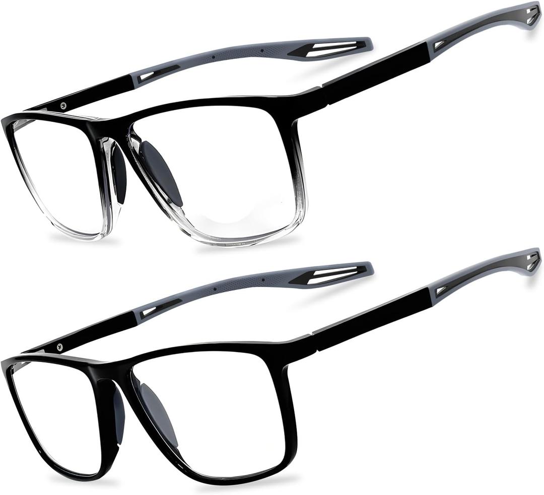 2 Pack Reading Glasses for MenSports Style Blue Light Blocking Readers with Anti Glare Filter Lightweight Eyeglasses (Black&gradual Black(with Spring Hinge))