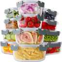 HOMBERKING 24pc Borosilicate Glass Food Storage Containers with Lids, Glass Meal Prep Containers with Leak Proof Snap Lock, Airtight Bento Lunch Boxes, Kitchen Storage (12 lids & 12 Containers) (Grey)