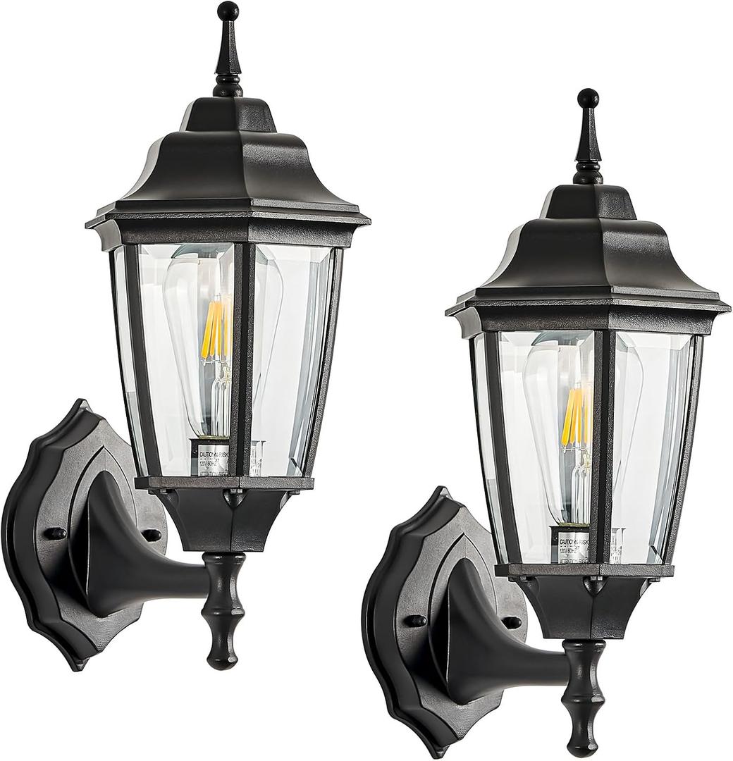 Aluminum 15 Inch Vintage Outdoor Wall Sconce, Black Outdoor Light Fixtures Wall Mount Exterior Porch Lights Clear Glass Outside Lights for Patio, Garage, Doorway 2-Pack