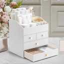 VLANDO Makeup Organizer Countertop,Large Vanity Organizer PU Leather Make up Storage with 4 Drawers Skin care Organizer Cosmetic Display Case for Lipstick,Brushes,Bedroom-White