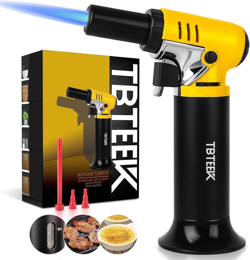 TBTeek Butane Torch with Fuel Gauge T907, One-hand Operation Kitchen Torch Lighter with Adjustable Flame for BBQ, Baking, Brulee Creme, Crafts and Soldering(Butane Gas Not Included) (Yellow-black)