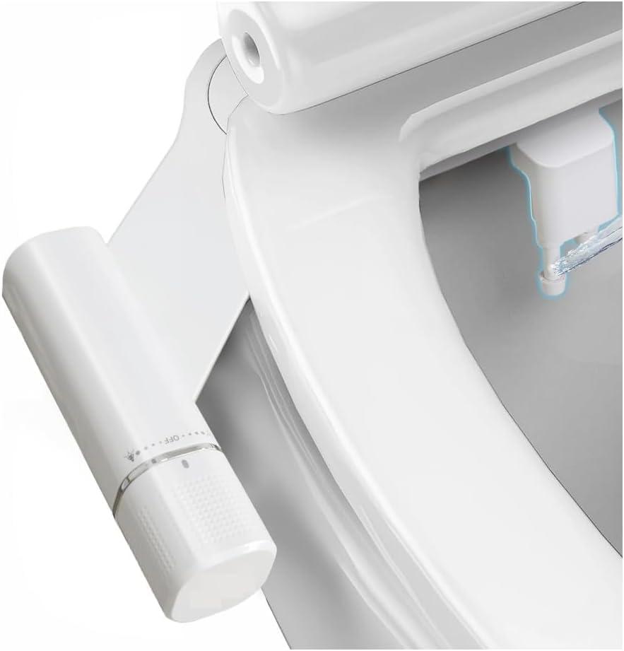 Ultra-Slim Bidet Attachment, Posterior&Feminine Wash-(Retractable Dual Nozzles), Non-Electric Bidet Attachment for Toilet Seat, Adjustable Fresh Cold Water Pressure, Stainless Steel Inlet (White)