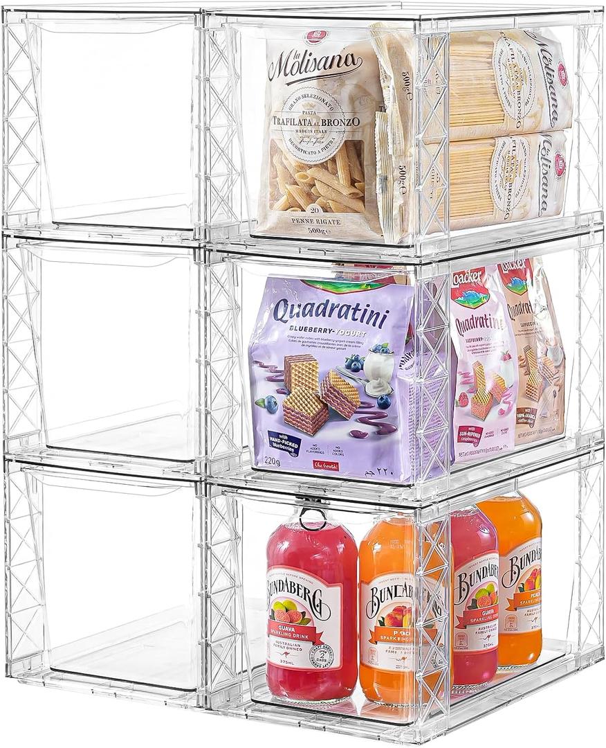 Clemate 6Pack Stackable Kitchen Storage Organizer, Pantry Organizers and Storage, Clear Foods Organizer Bins with Handles, Easily Assemble for Bathroom, Kitchen, Pantry, Cabinet, Closet (Large)