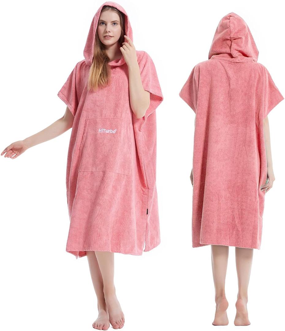 Hiturbo Changing Towel Robe, Absorbent Hooded Surf Poncho Quick-Dry Blanket Towels with Front Pocket for Swiming Surfing Aquatics One Size Unisex (Pink)