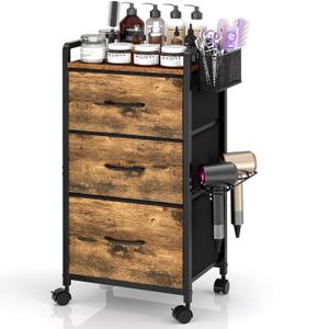 Salon Station for Hair Stylist, Rolling Salon Trolley Cart with Wheels, Beauty Barber Station with Metal Tool Holder & 3 Fabric Drawers, Mobile Storage Cabinet for Barbershop, Spa&Tattoo, Rustic Brown