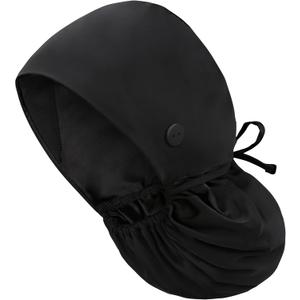 Satin Lined Scrub Cap with Ponytail Pocket, Adjustable Surgical Cap with Sweatband & Buttons, Soft and Wrinkle-Resistant Scrub Hat for Medical, Spa, Beauty, Kitchen Use, Unisex Black