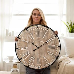 Large Wall Clock 30 in farmhouse wall clock -Extra Large 30 inch Wood and Metal Wall Clock, Silent and Battery Operated for Living Room, Kitchen and Office Decor, Brown
