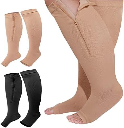 Hillban 2 Pair Plus Size Calf Zipper Compression Socks 15 to 20 Mmhg Open Toe Compression Stockings for Overweight Women Men, XXL