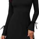 Women's Sexy Square Neck Bodice Dresses Long Sleeve Side Slit A-Line Mini Dress Cocktail Party Club Dress (Black)