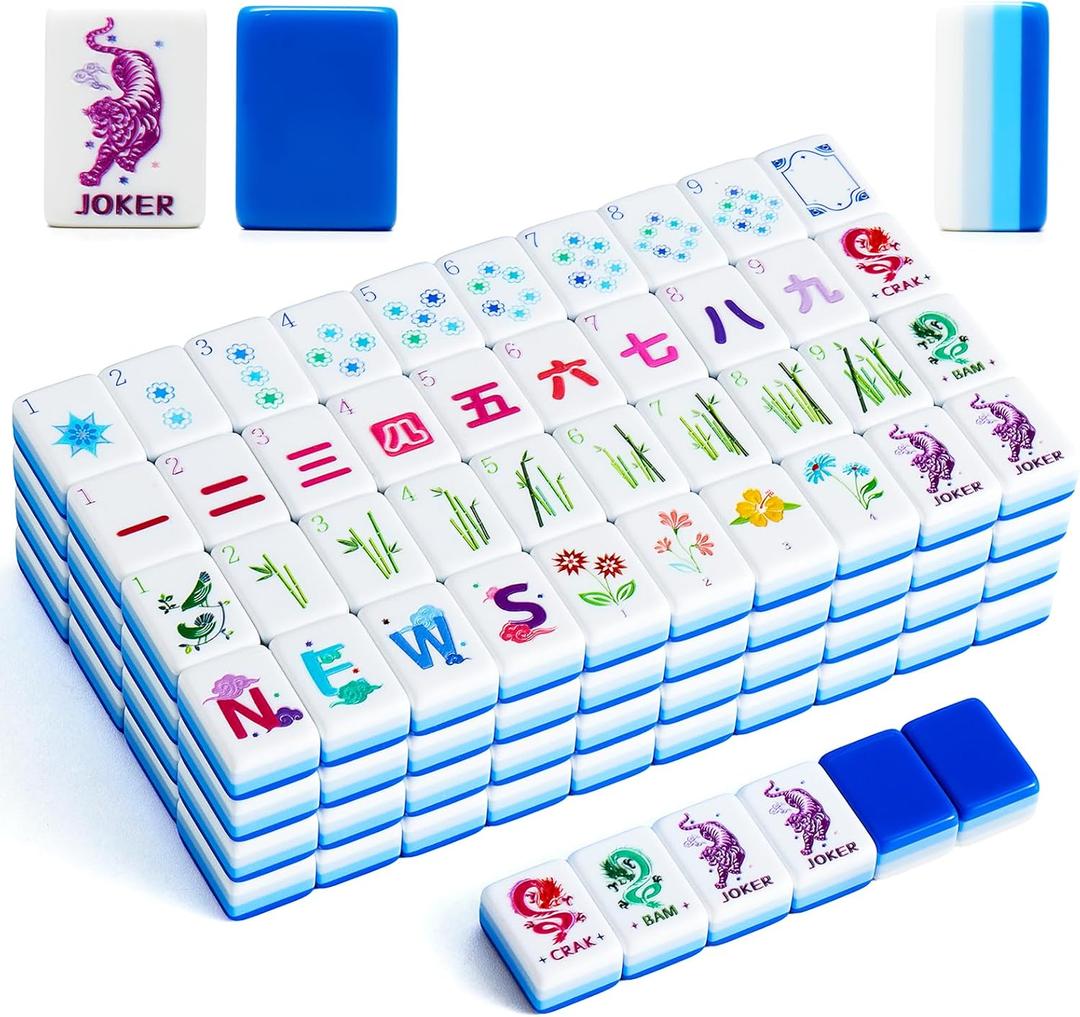 American Mahjong Tile Set(4 Layer), 1.2'' Mahjong Tile Set with Carrying Bag, 160 Blue Travel Mahjong Set, 4 All-in-One Rack/Pushers & Accessories, Unique Gift for Mahjong Lovers, Home/Travel, 1.2 x 0.9 x 0.5 inches