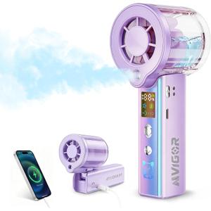 Portable Handheld Fan with Cooling Mist, 30000 RPM High Speed Turbo Personal Fan with Adjustable Speeds, Rechargeable Mini Misting Fan with LED Display for Travel Outdoor Makeup, Purple
