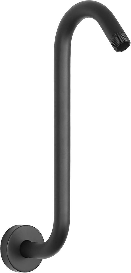 HarJue S Shaped Shower Arm, High Rise Shower Head Extension Pipe Standard 1/2" Connection with Flange, Awesome Shower Experience-Stainless Steel Bathroom Accessory(13 Inch S Shape, Matte Black)
