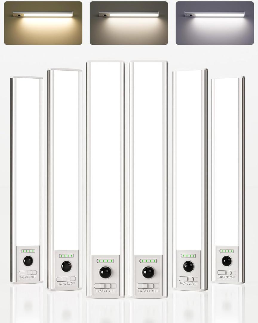 EZVALO 12-inch Under Cabinet Lighting Wireless with Battery Indicator, 2500mAh Rechargeable Motion Sensor Light Indoor, 96 LED Under Counter Lights for Kitchen Closet, 3 Color Temps, Dimmable, 6 Pack