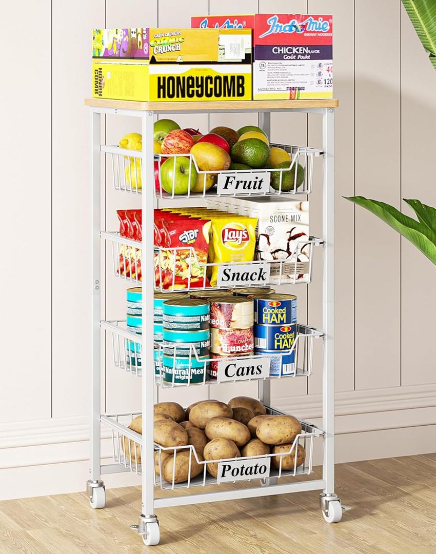 OKZEST 5-Tier Small Kitchen Storage Cart on Wheels with Pull-Out Drawers, Rolling Pantry and Snack Organizer Cart with Wood Top, Kitchen Floor Fruit Basket Stand for Fruit Potato Onion Veggie Snack