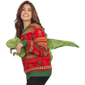 Costume Agent 3D T-Rex Red and Green Adult Ugly Christmas Sweater (X-Large)